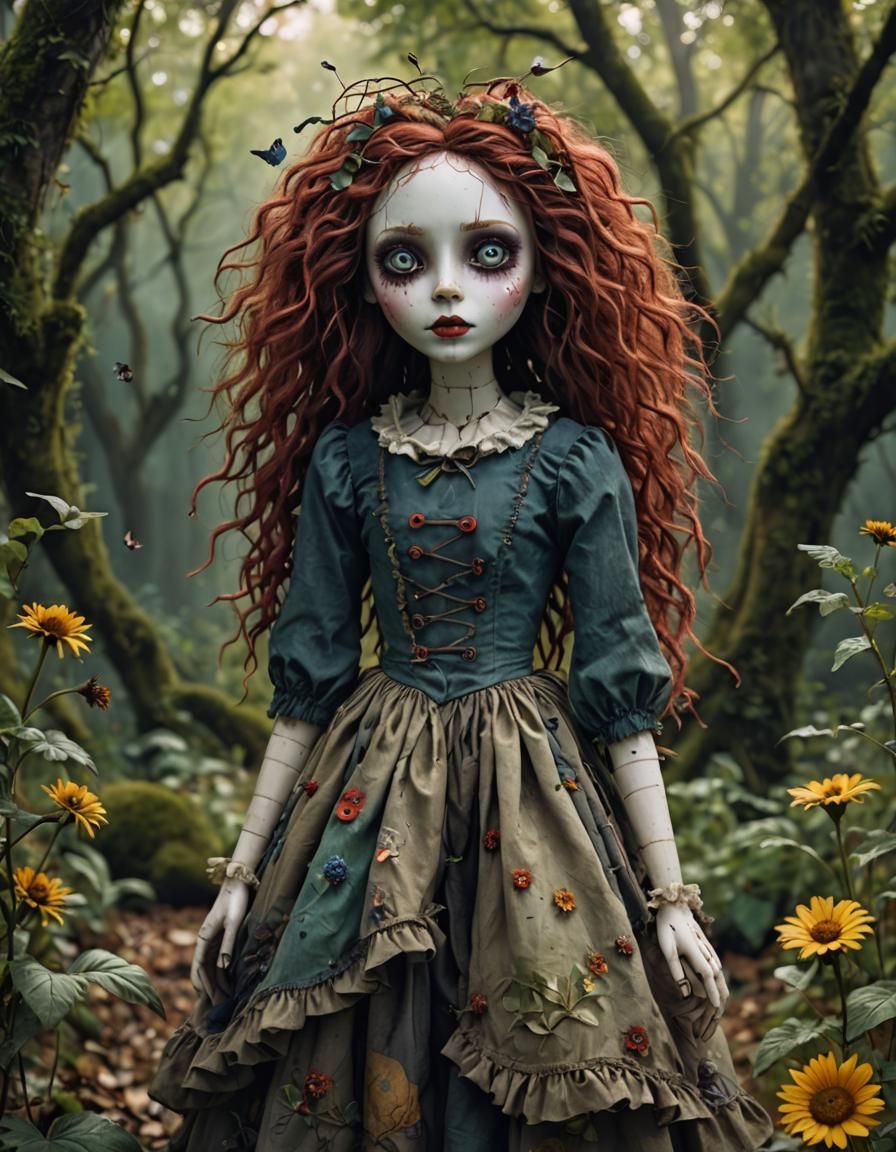 Whimsical Rag Doll Art in Tim Burton Style