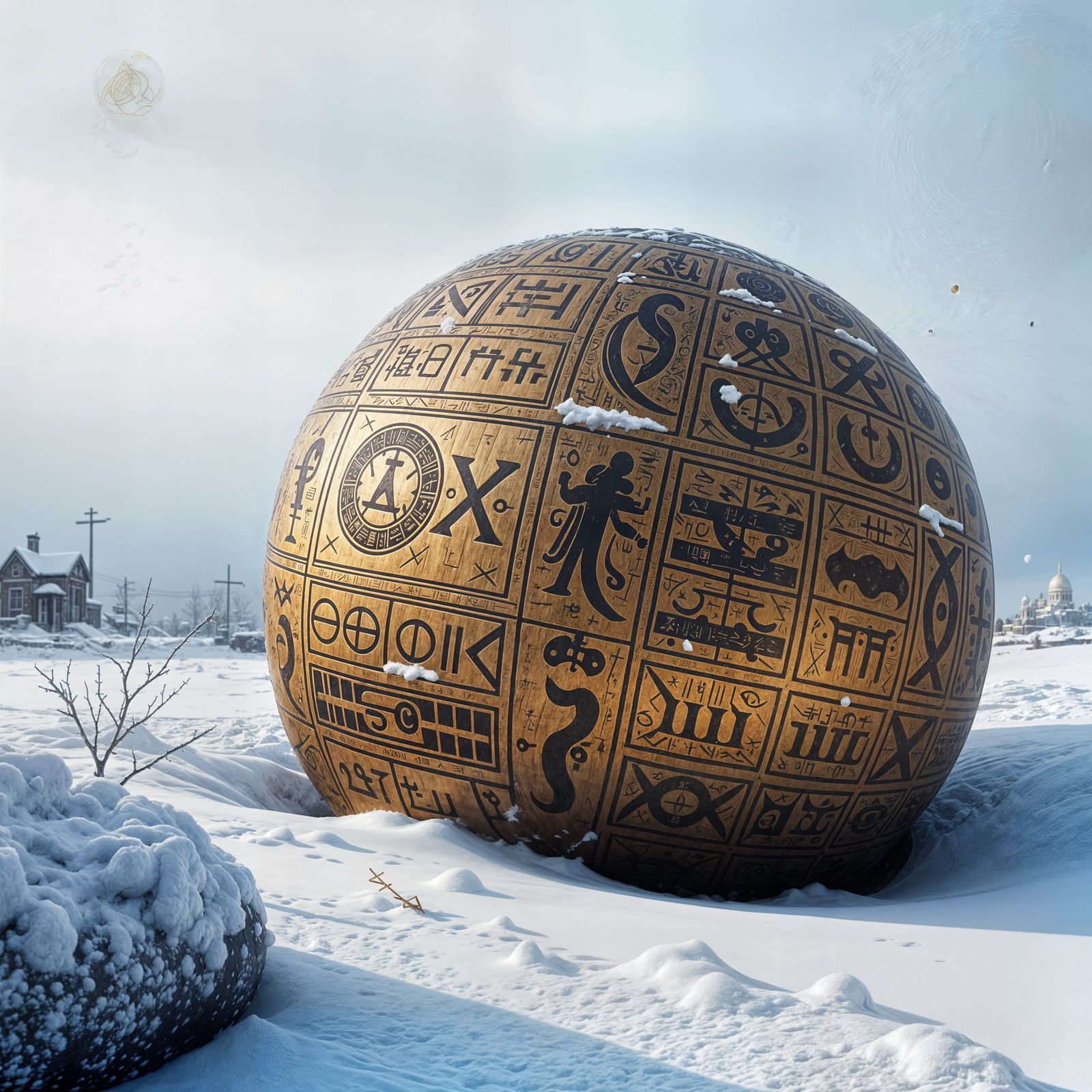 Engraved Golden Sphere in Snow
