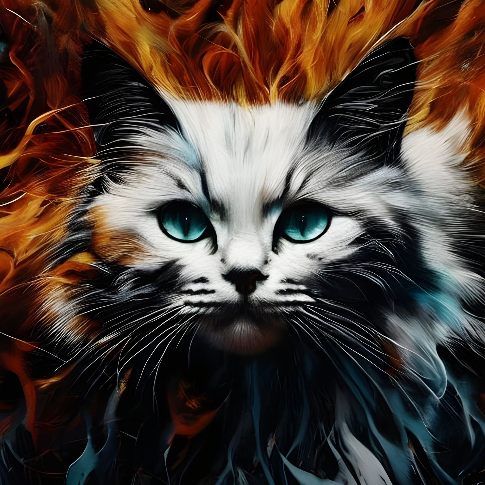 Adorable White Cat Portrait in Detailed Inkblot Style