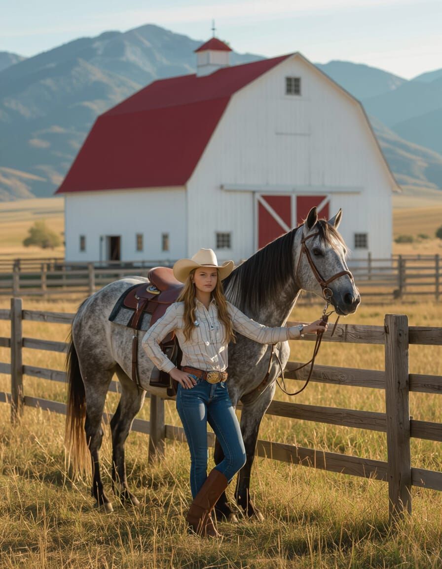 Girl in Cowboy Attire Leaning on Gray Horse