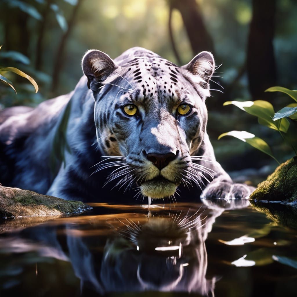 Silver Panther Drinks From Stream: Hyperrealistic Wildlife P...