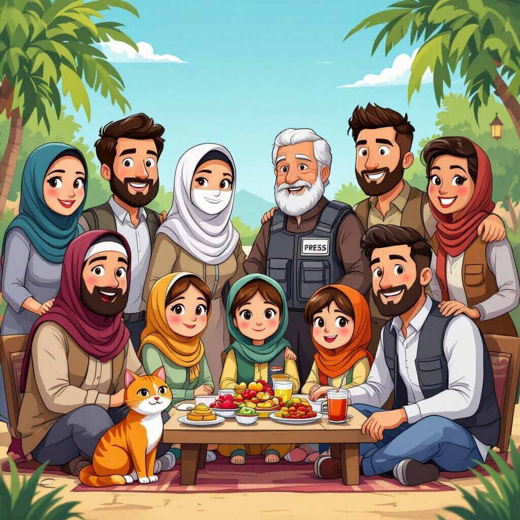 Vibrant Cartoon of Large Arab Family Gathering