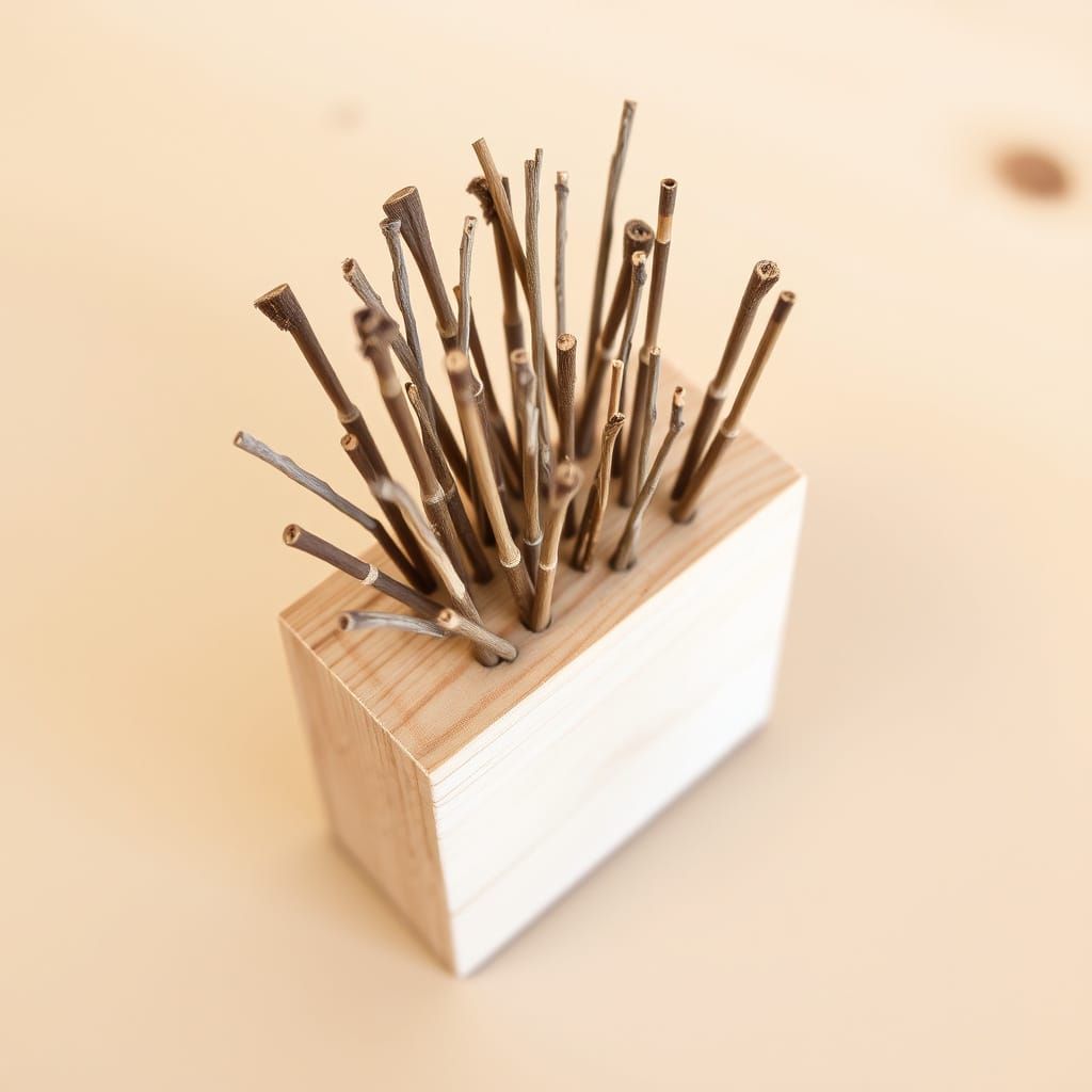 Twigs drilled into a block of wood to make a hairbrush