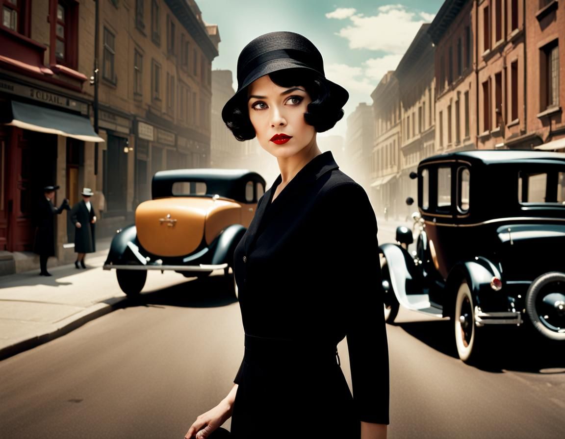 1920s Detective Agency Scene with Woman in Black Dress