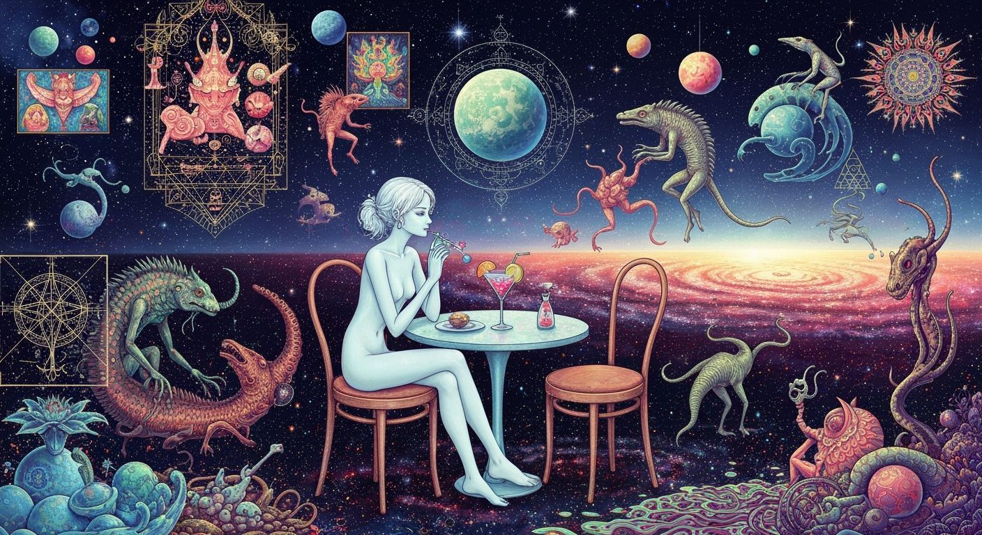 Cosmic Cafe: A Surreal Scene in Vibrant Colors