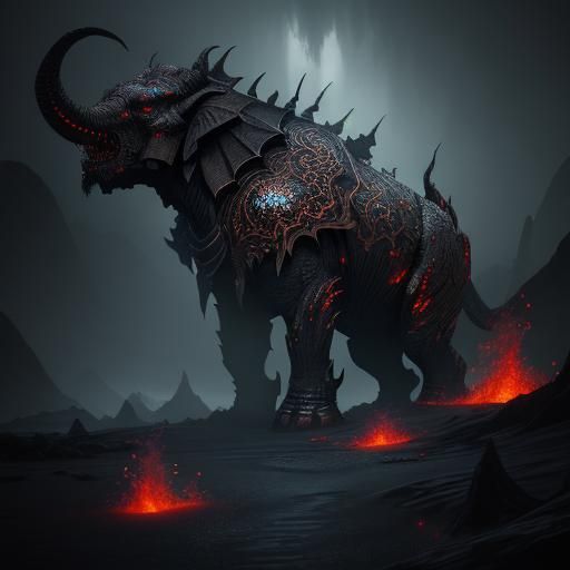 Hybrid Dragon-Elephant-Tiger in Dark Fantasy Landscape