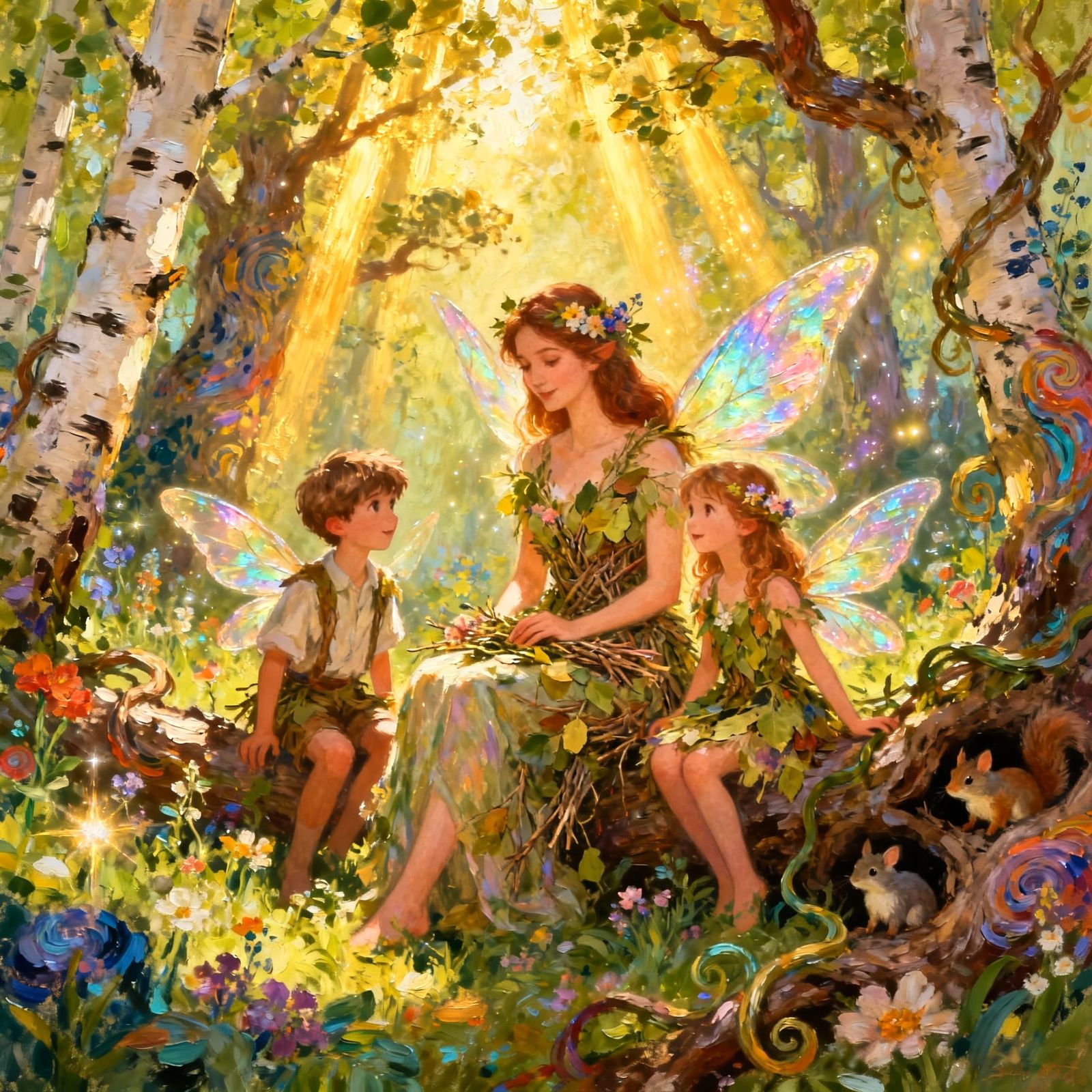 Fairy Mother with Children in Enchanted Forest