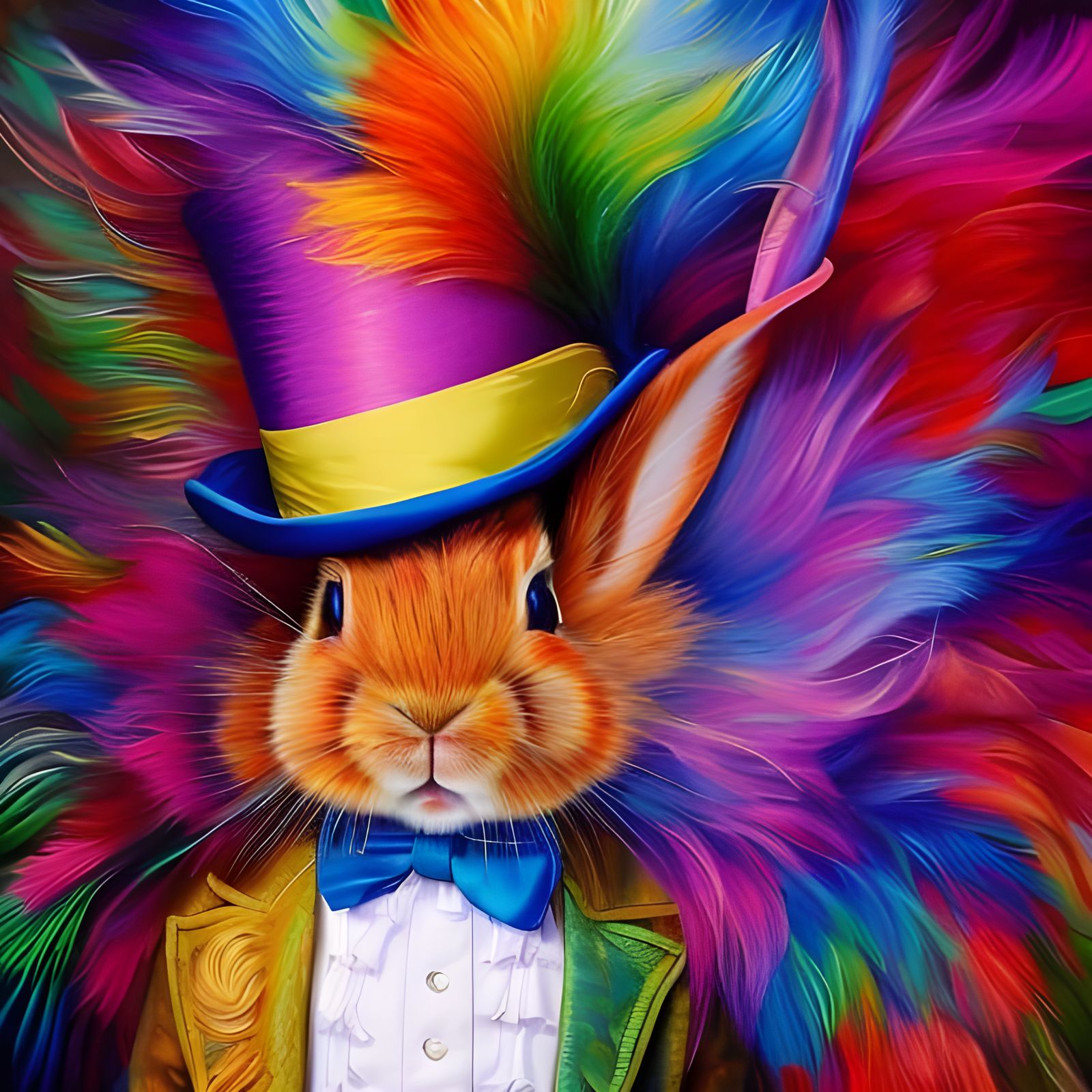 Iridescent Mad Hatter Rabbit Portrait in Surreal Style
