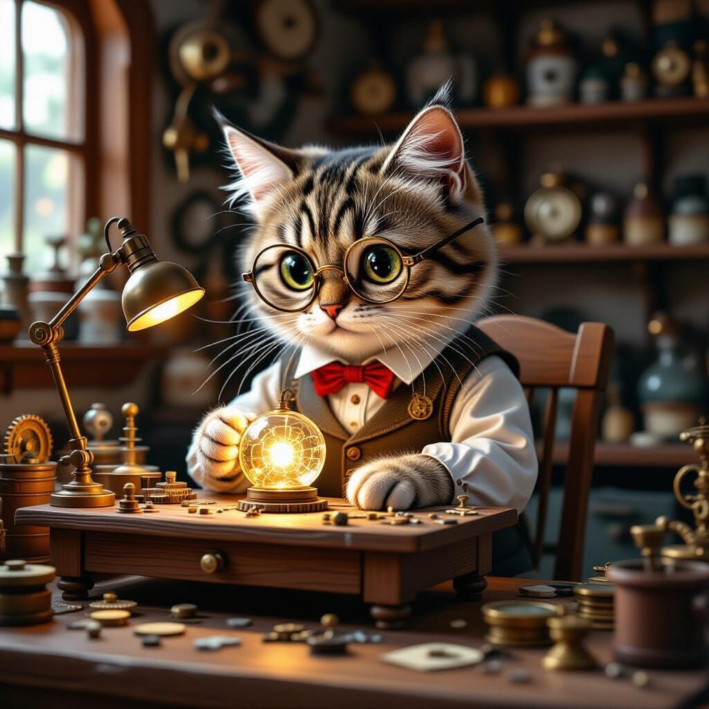 Whimsical Cat Engineer Assembling Glowing Orb