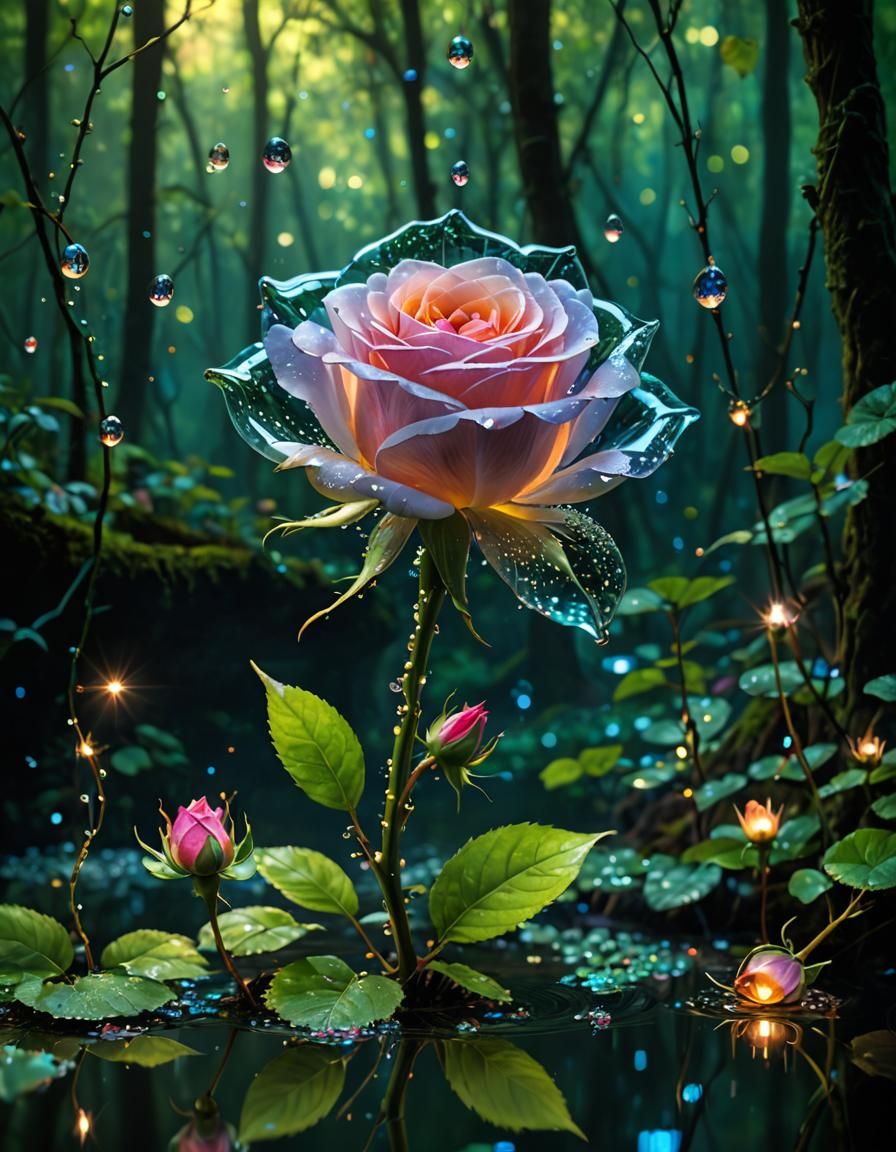 Surreal Glass Rose with Fairies and Fireflies