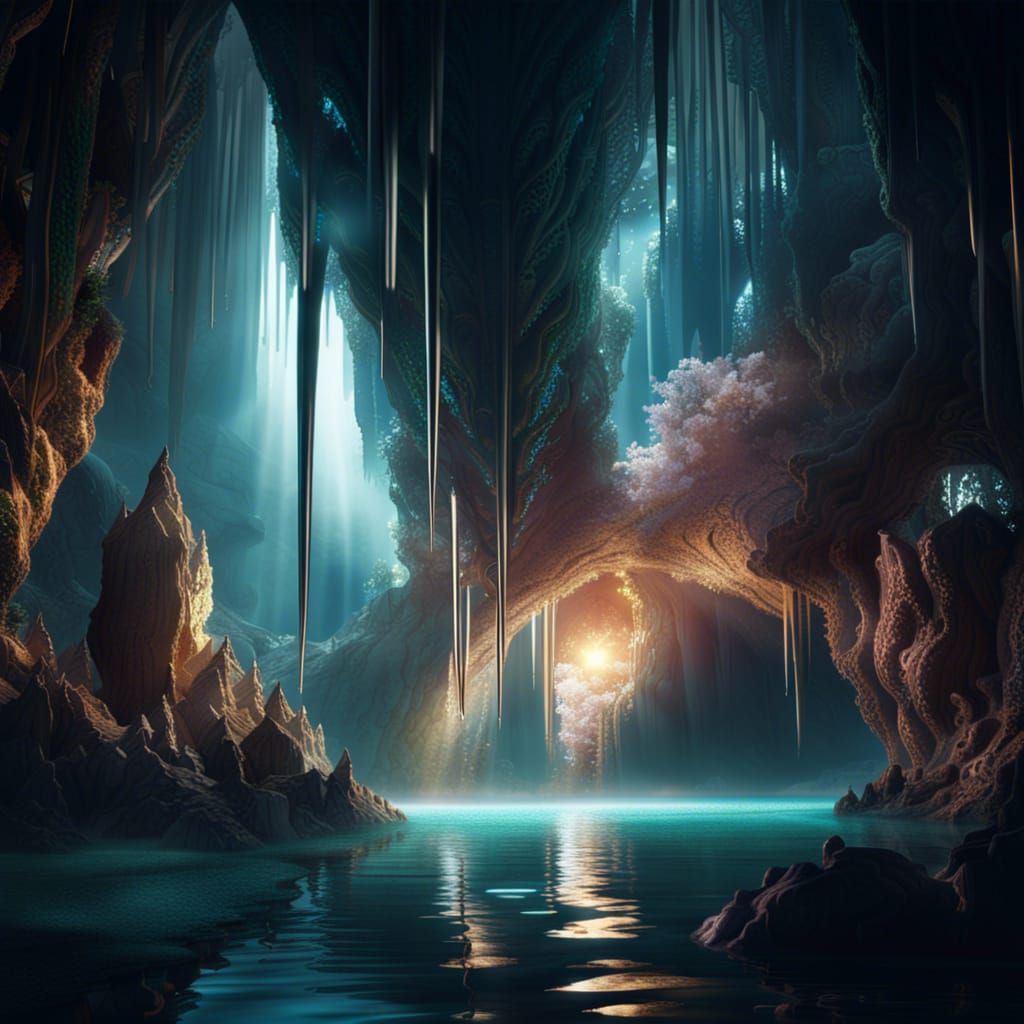 Dramatic Crystal Cave with Light, Digital Matte Painting