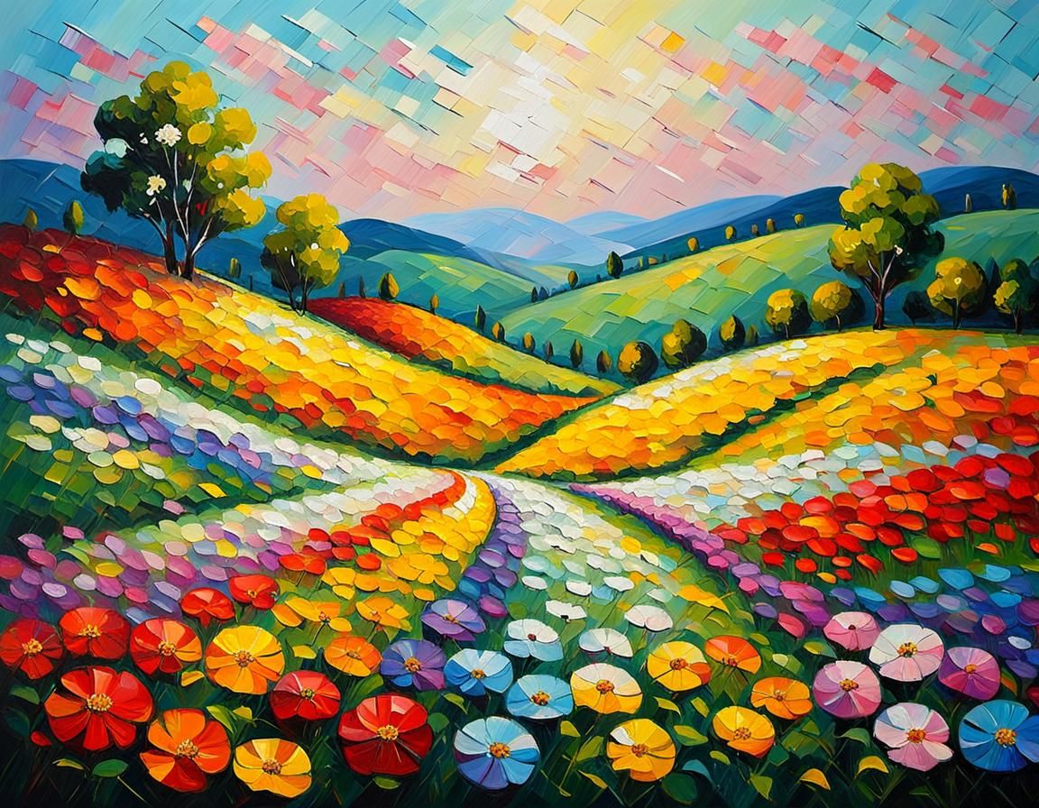 Palette Knife Oil Painting of Colorful Flower Hills