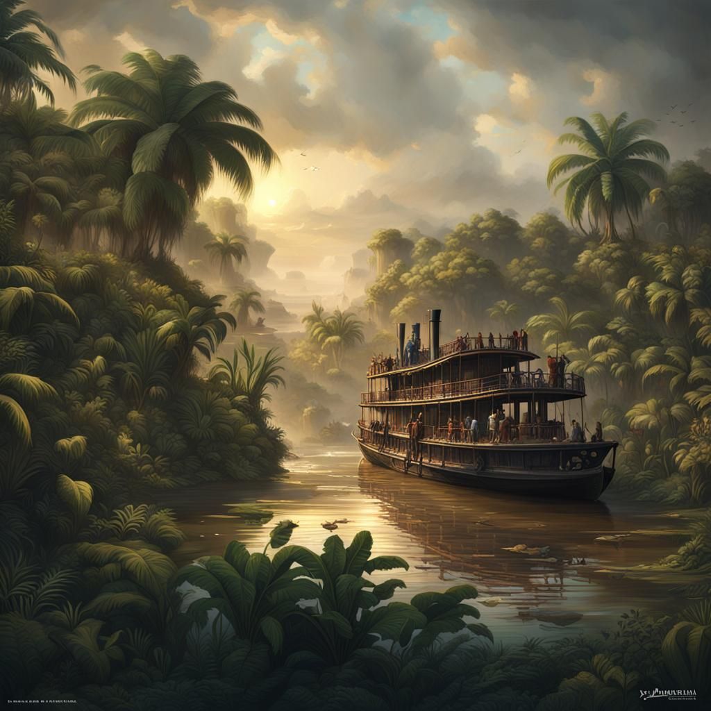 Victorian Steamboat on Congo River Jungle