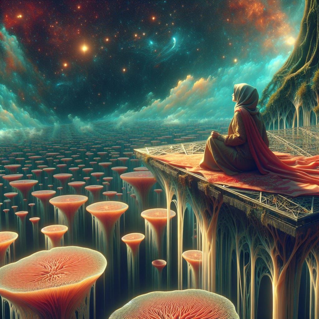 Woman on Mycelium Stargazing Platform in Haeckel Style