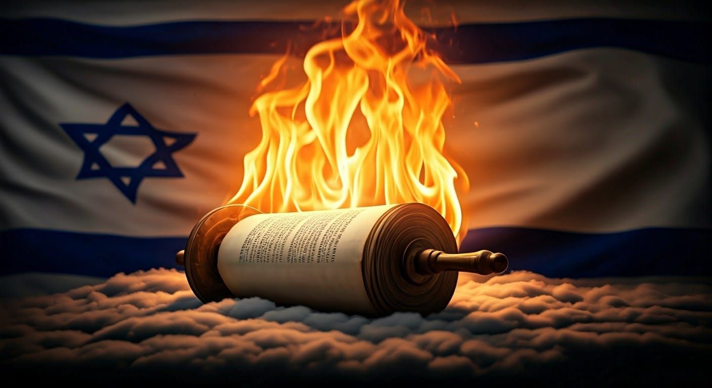 Torah Scroll Amidst Celestial Clouds, Israel Flag in Etherea...
