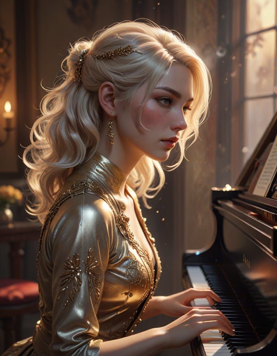 Platinum Blonde Woman Plays Piano as Impasto Painting
