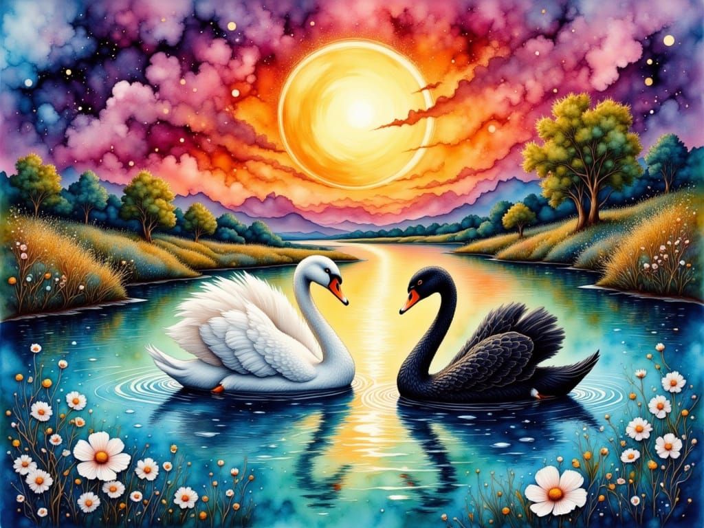 Colorful Sunset River with Swans in Watercolor Style