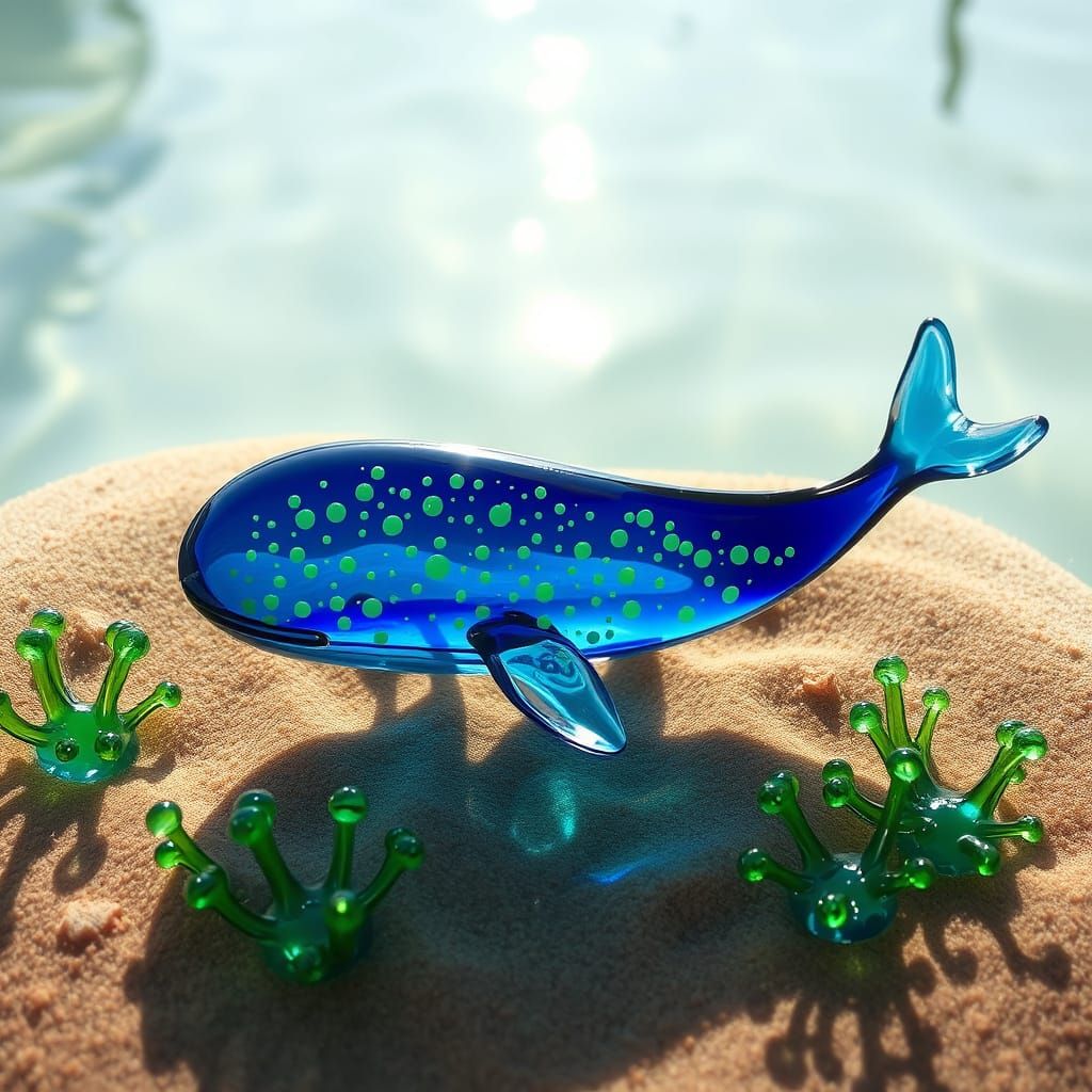 Glass Whale Sculpture in Pond, Chihuly Style