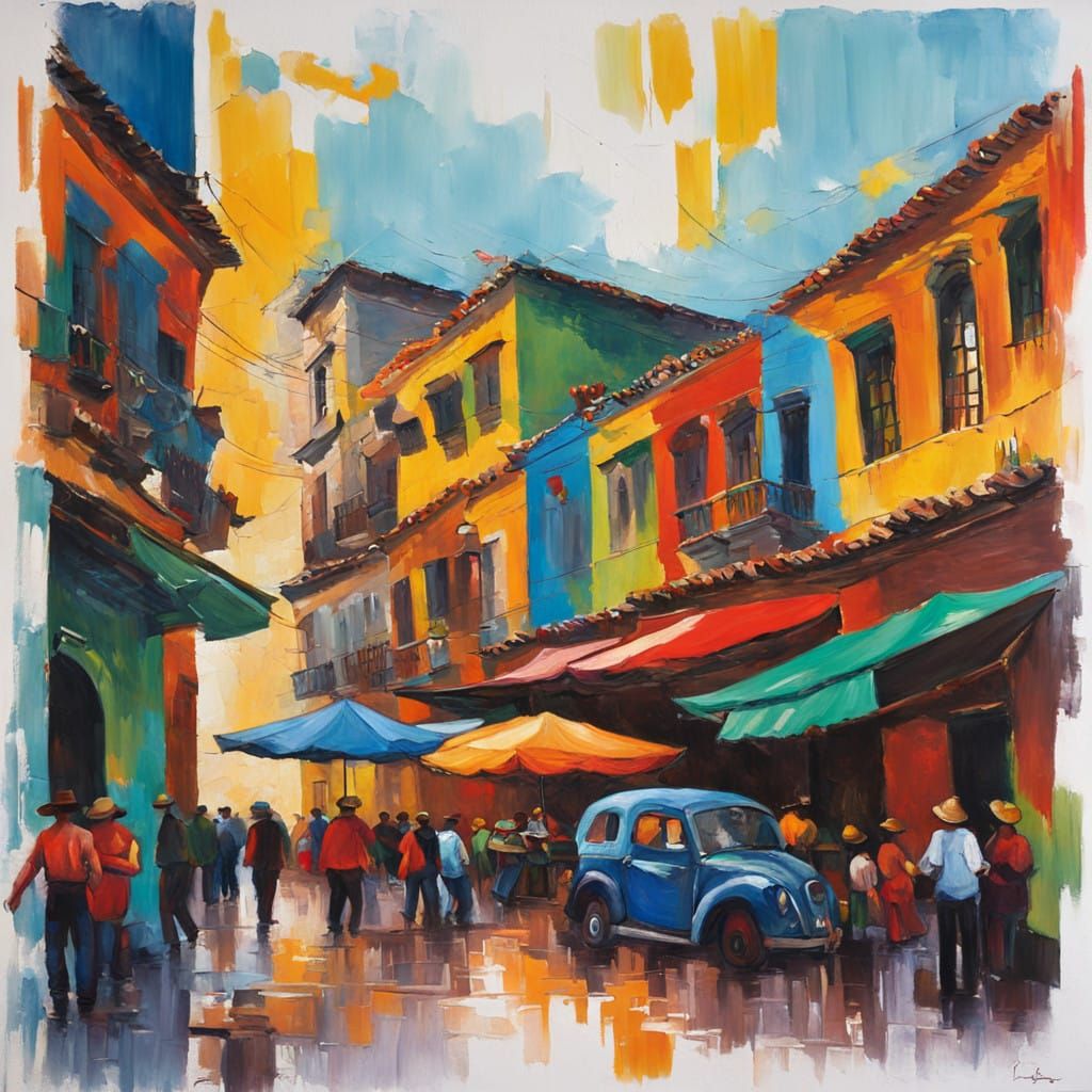 Vibrant Mexico City Streetscape in Neo-Expressionist Style