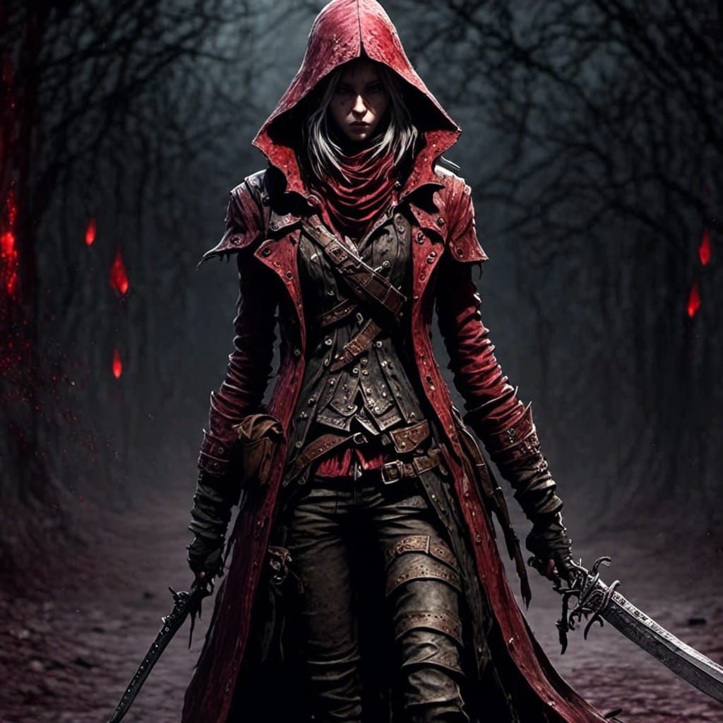 Powerful Assassin with Bloody Dagger in Digital Painting