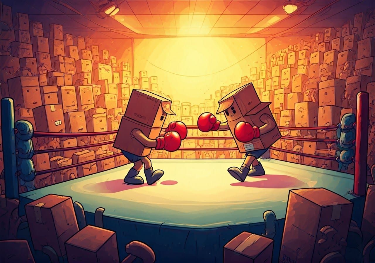 Cardboard Box Boxing Match in Cartoon Style