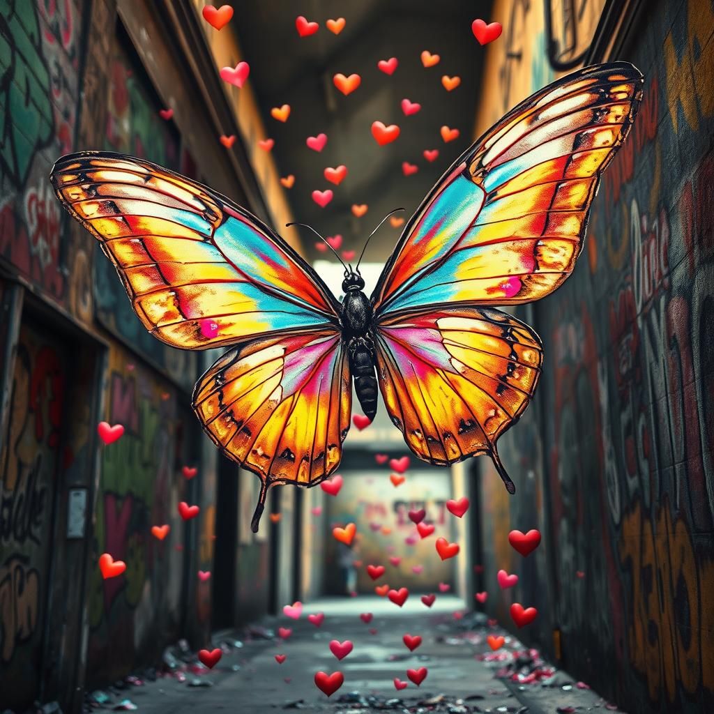 Iridescent Butterfly in Graffiti Alley