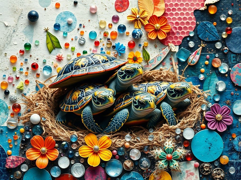 Emerging Turtles in Vibrant, Abstract Collage