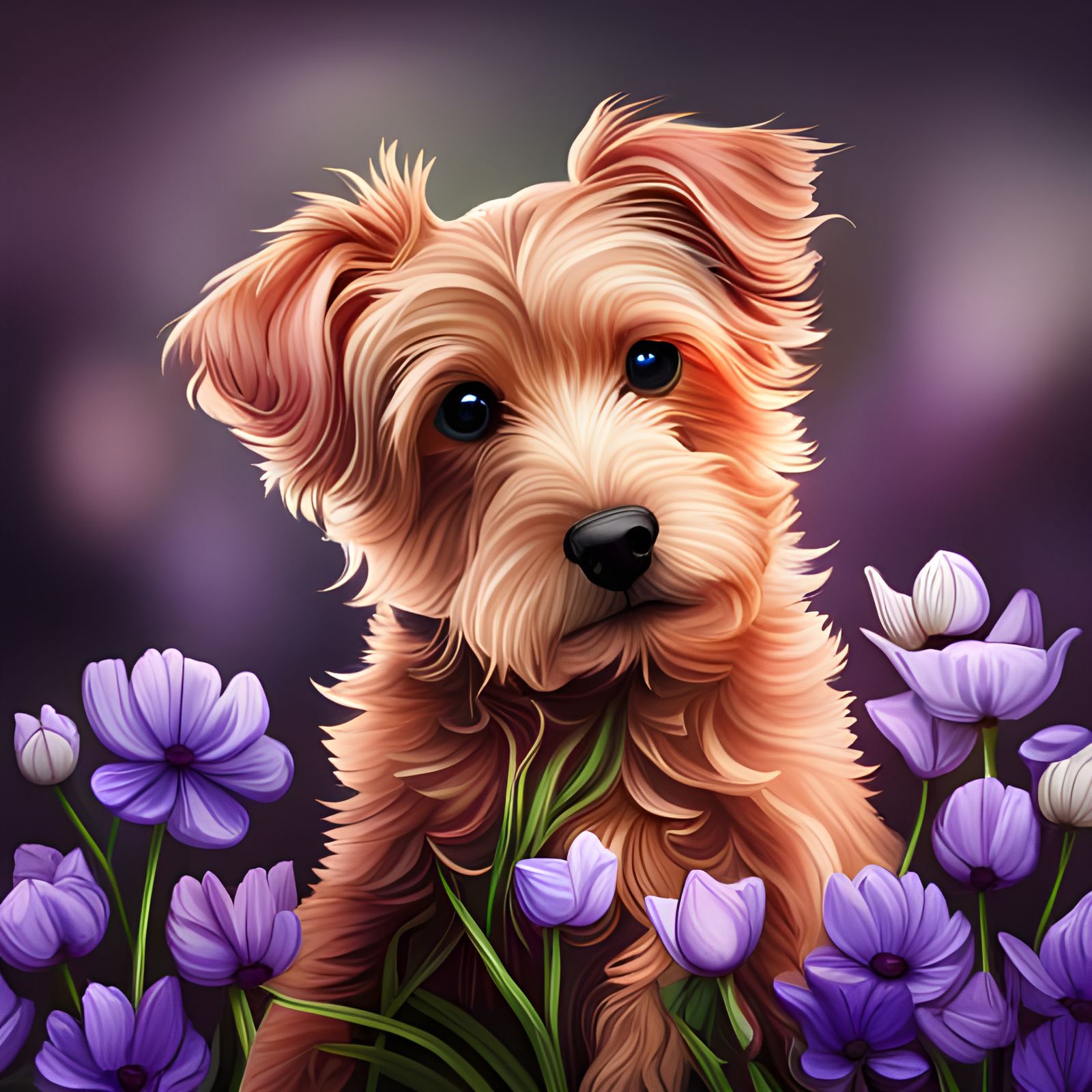 Cute Puppy with Flowers in Hyperrealistic Style
