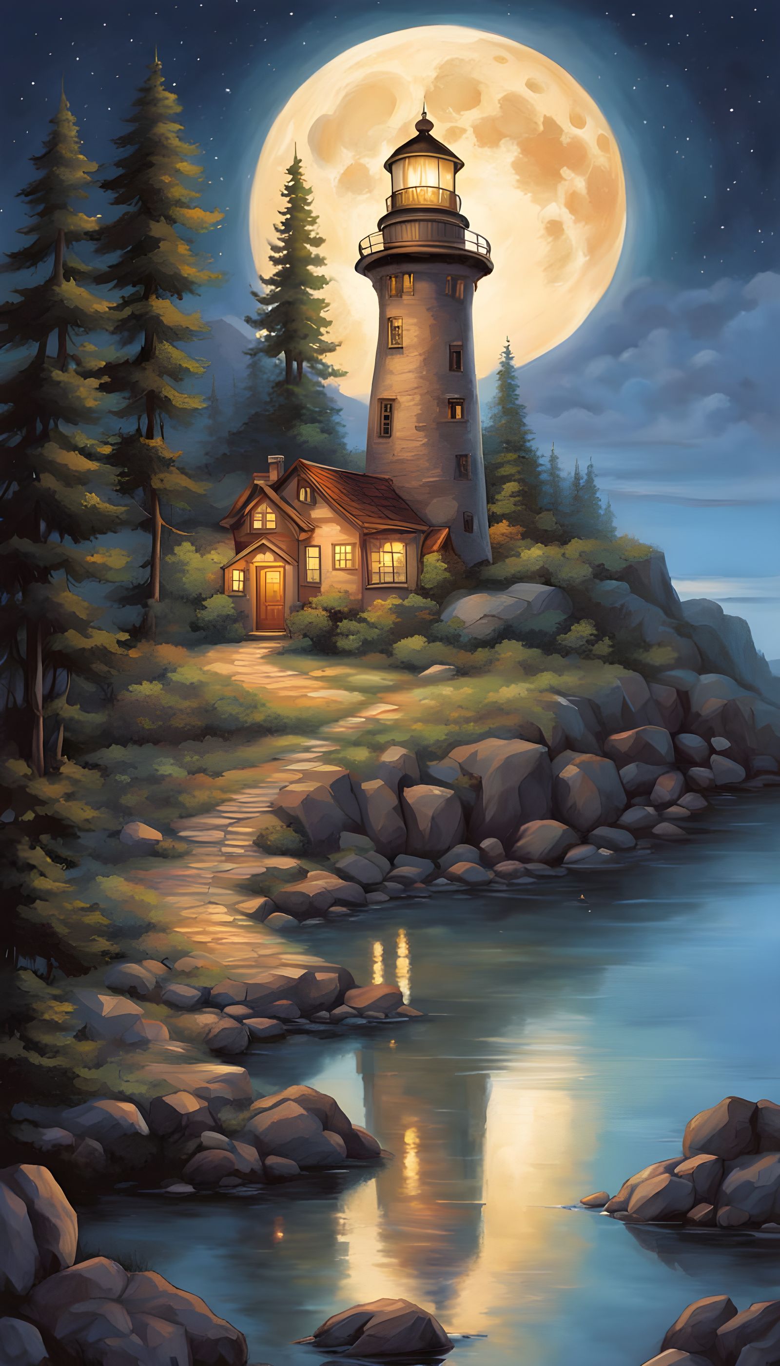 Whimsical Lighthouse in Moonlit Serenity