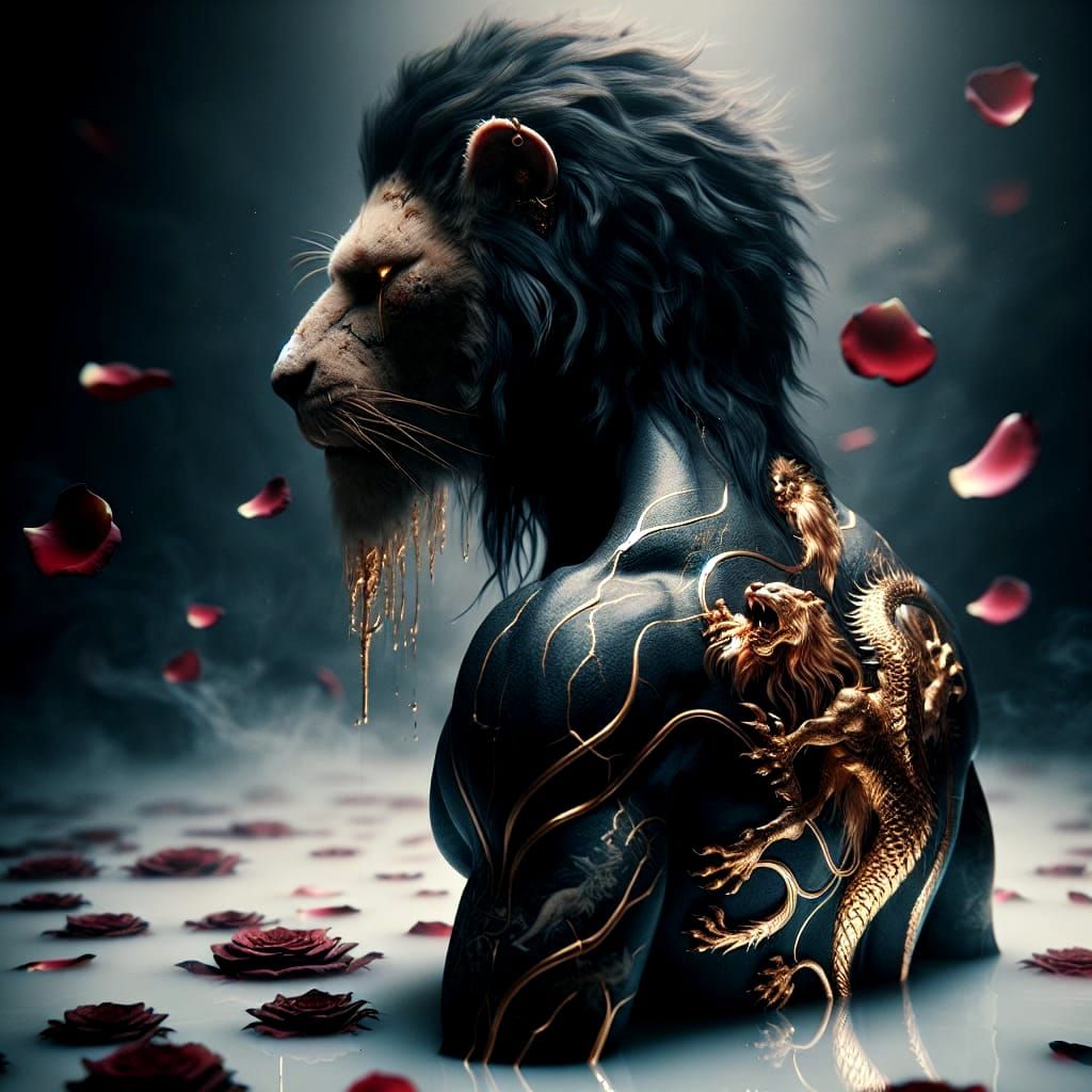 Hybrid Lion-Man in Milky Water with Golden Dragon