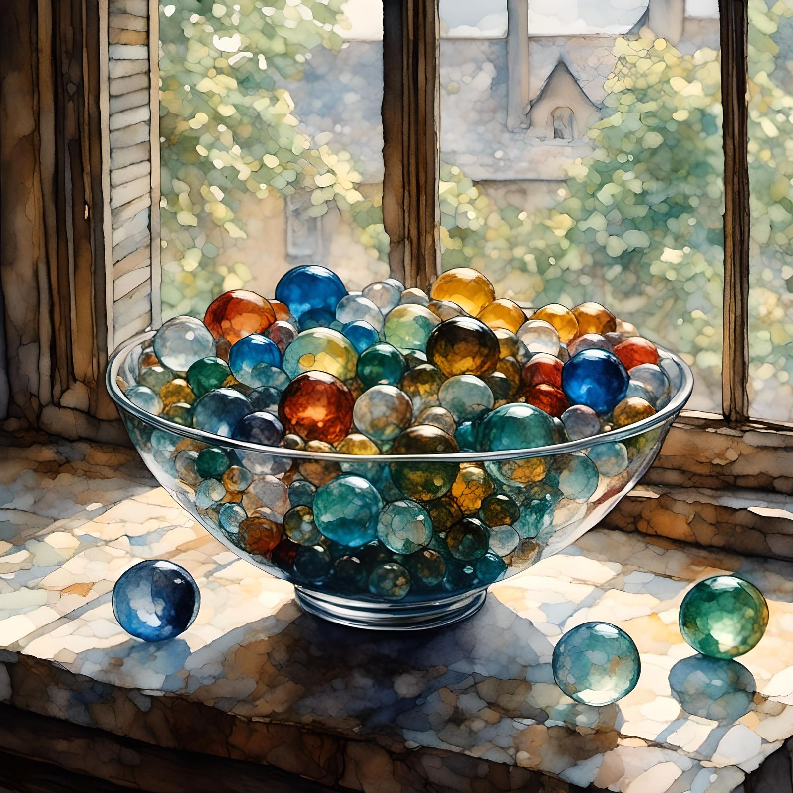 Still Life with Glass Bowl Full of Marbles