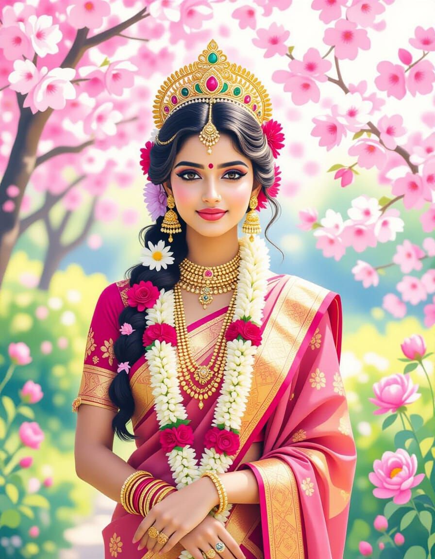 Indian Woman in Spring Garden, Watercolor Impasto