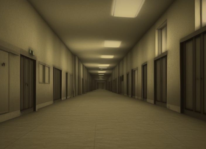 Surreal Backrooms School Hallway in Photorealistic Style