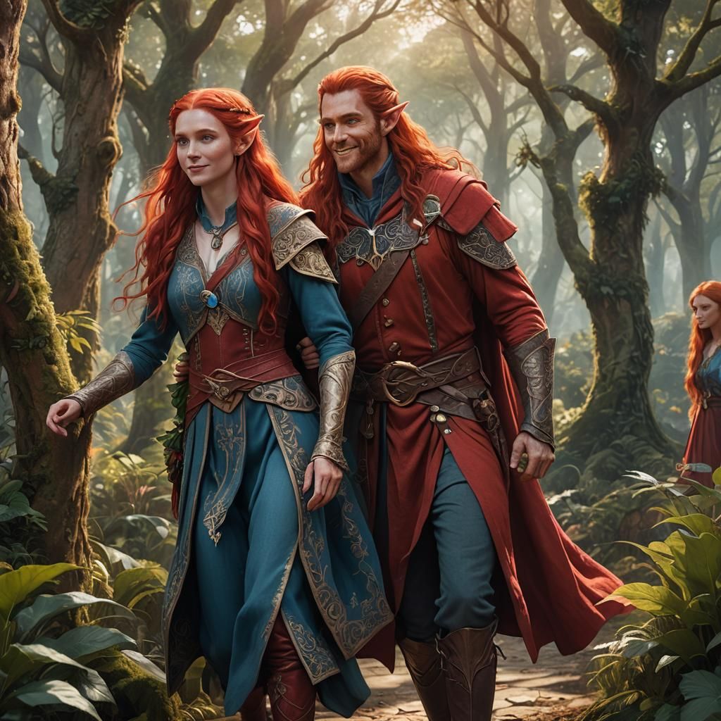 A tall male elf with very  very long red hair, blue eyes and...