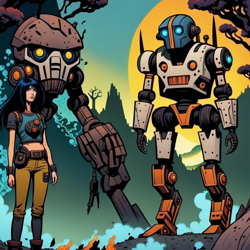 Masked Girl on Volcano in Comic Book Style