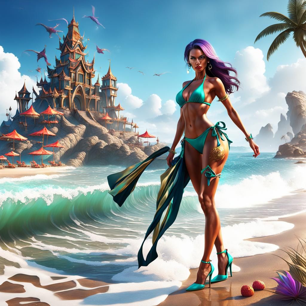 Woman in Bikini on Beach: Fantasy Concept Art