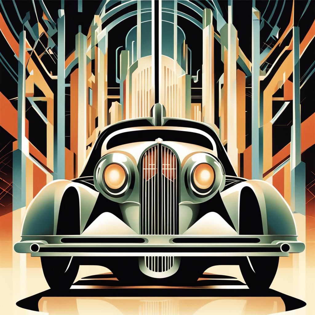 Futuristic 1930s Car in Art Deco Illustration
