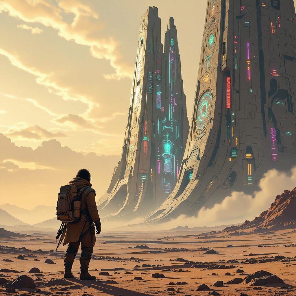 Explorer on Alien Planet with Bioluminescent Structure