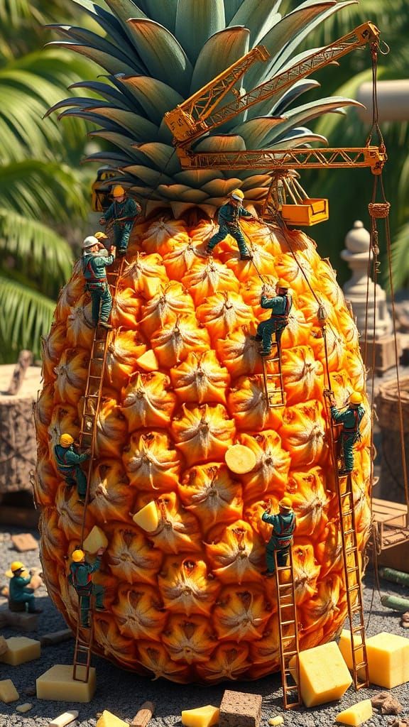 Hyper-Realistic Scene of Tiny Workers Harvesting a Giant Pin...