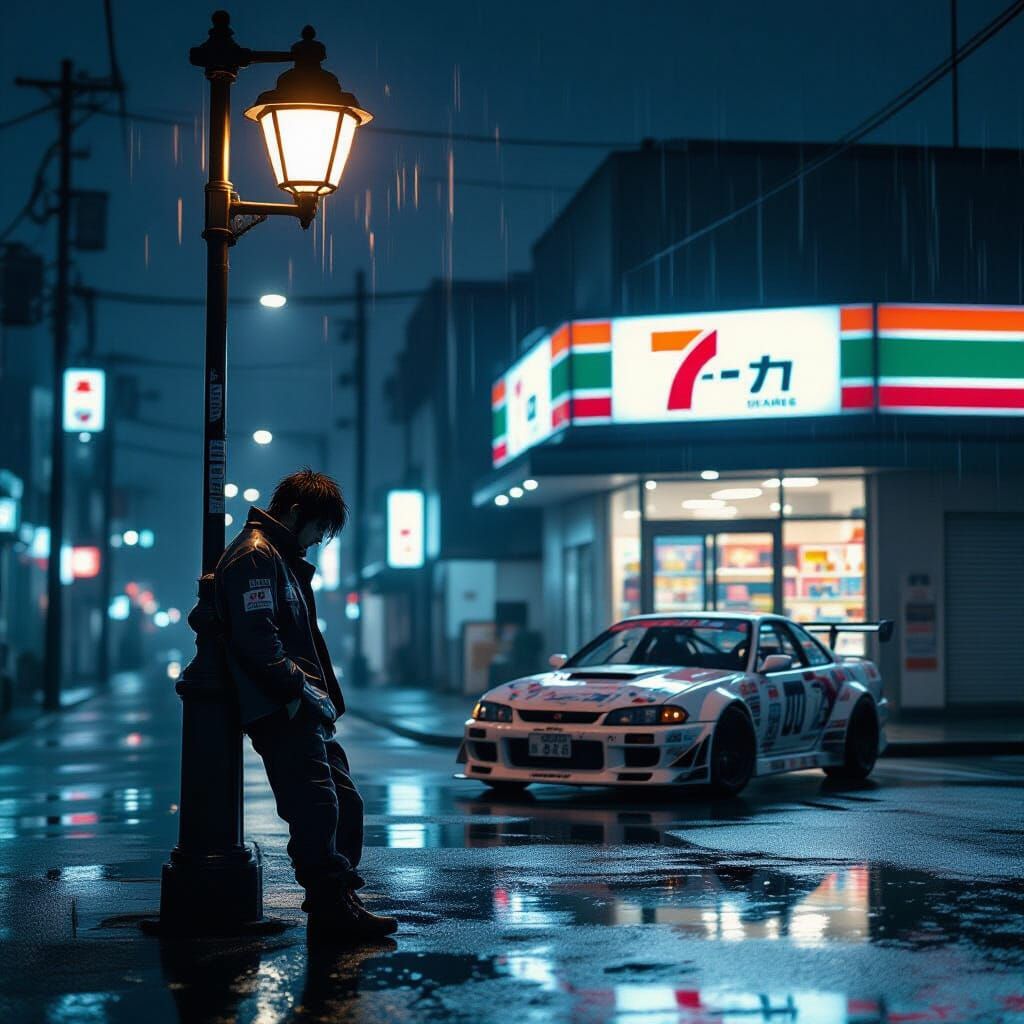 Japanese Street Racer in Neon-Lit Urban Melancholy