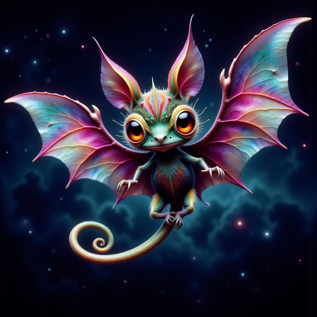 Ethereal Bat Chameleon Takes Flight in Vibrant Night Sky