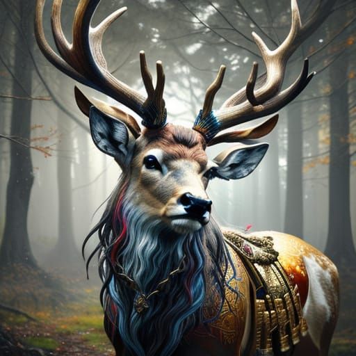 Stag With Golden Antlers Under Silver-Bronze Tree