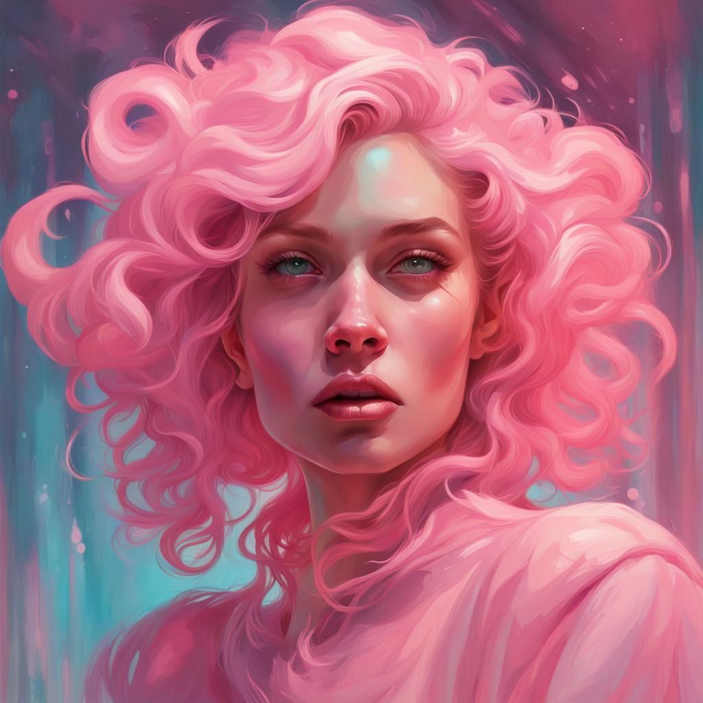 Surreal cotton candy glass faced Girl in pink and pastels