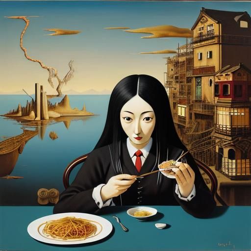 Surreal Japanese Gothic Girl Eating Spaghetti