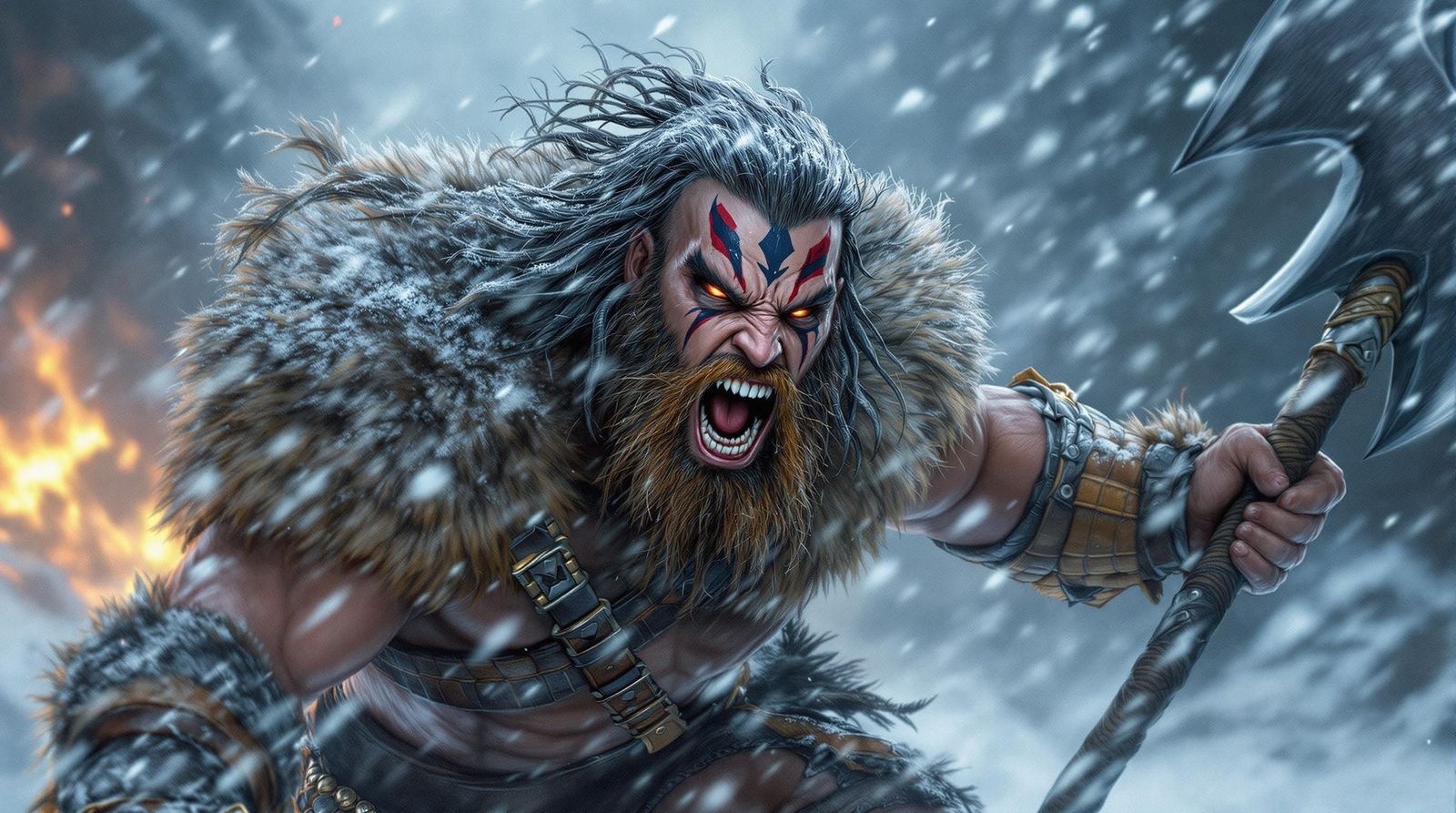 Barbarian Warrior Charging into Battle in Snowy Landscape