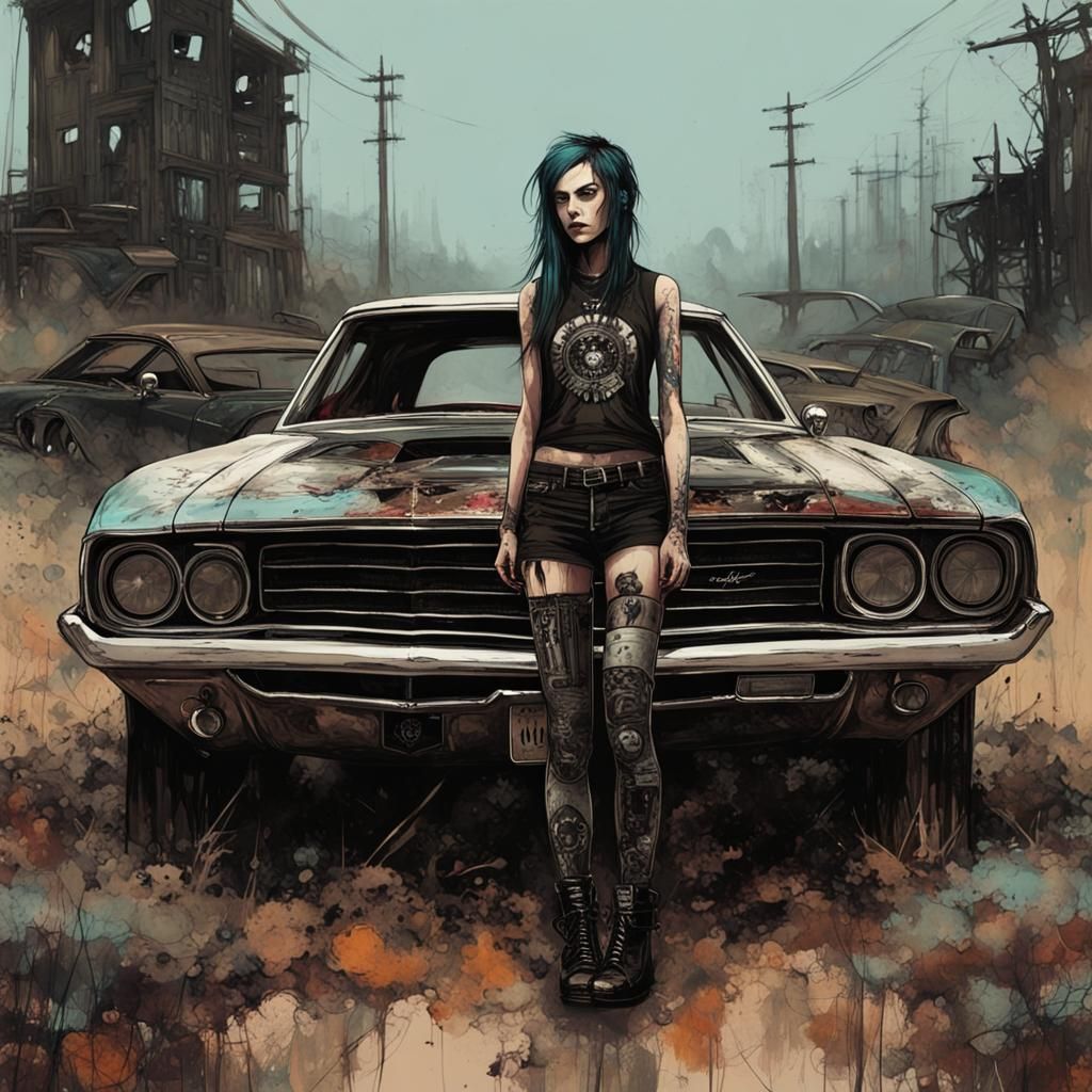 Gothic Punk Girl with Muscle Car in Wasteland