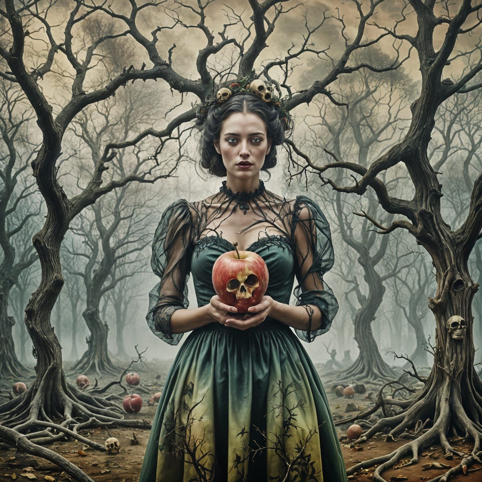 Surreal Double Exposure: Woman, Apple, and Witch