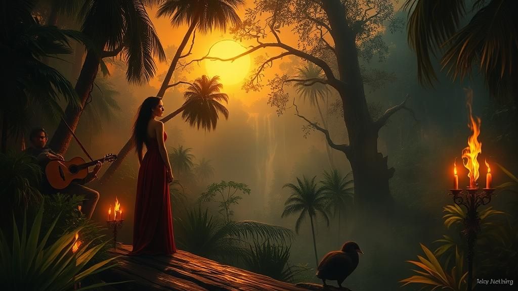 Enigmatic Temptress in Mystical Jungle Painting