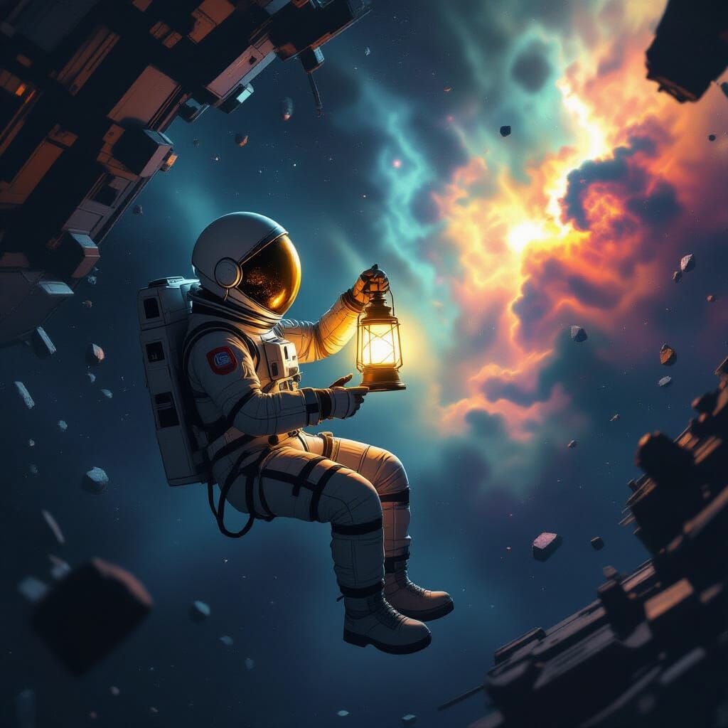 Astronaut with Lantern in Deep Space, Hyperrealistic Style