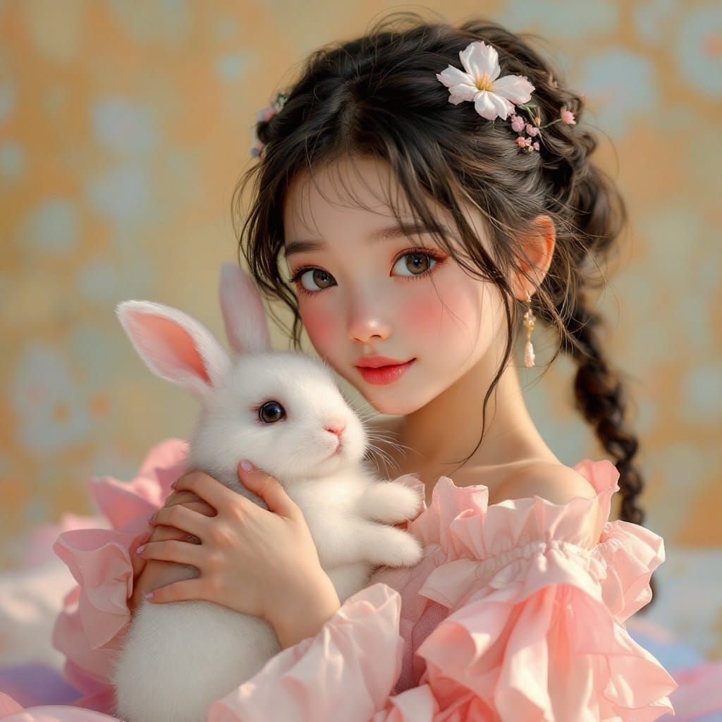 Gentle Teenage Girl Strokes Soft White Rabbit with Love